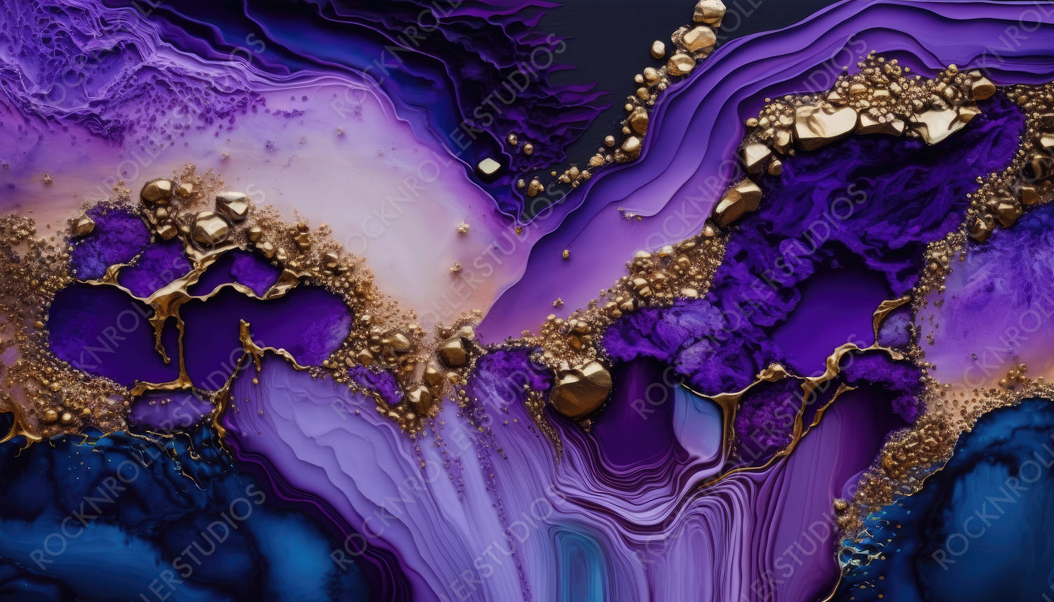 Liquid Swirls in Beautiful Purple and Black colors, with Gold Powder. Abstract Acrylic Pour Background. Generative AI.