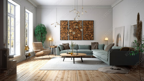 Scandinavian Living Room. Stylish Interior Design Background. Generative AI.