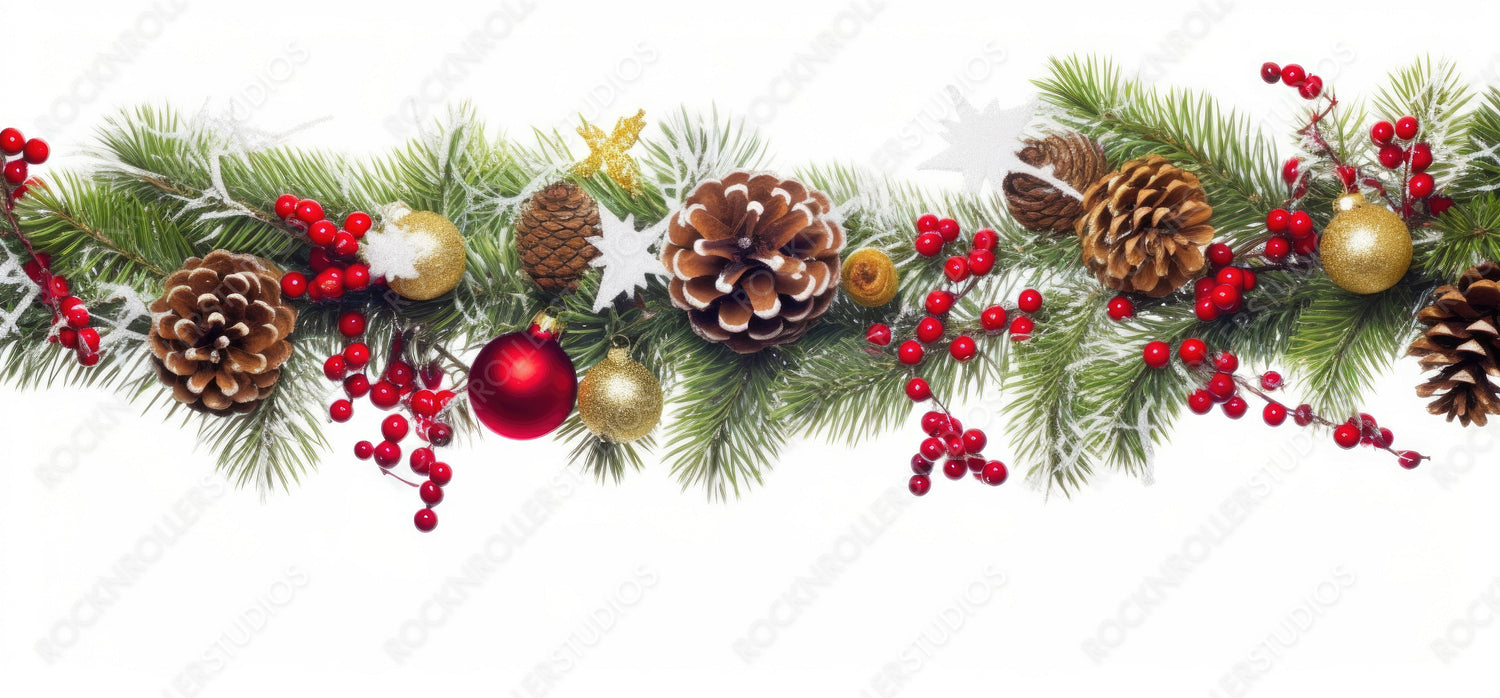 Festive Christmas border, isolated on white background. Fir green branches are decorated with fir cones and red berries. Close-up, copy space.