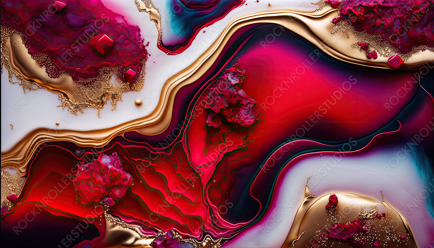 Flowing Contemporary Acrylic Pour Background in Beautiful Crimson colors. Paint texture with Gold Glitter. Generative AI.