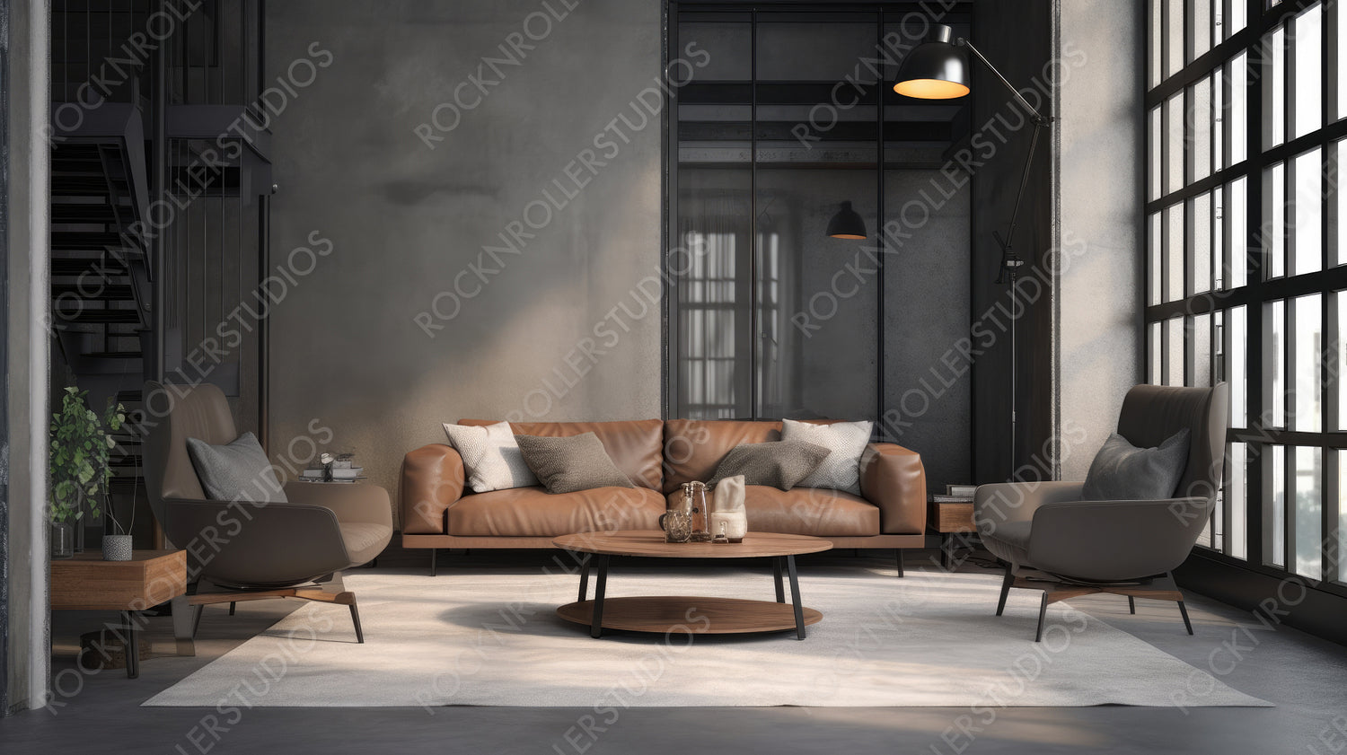 Industrial Living Room Background. Stylish Interior Design. Generative AI.