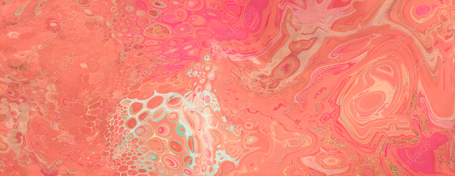 Elegant Marbling Banner. Paint Swirls in Beautiful Pink and Coral colors, with Gold Powder.