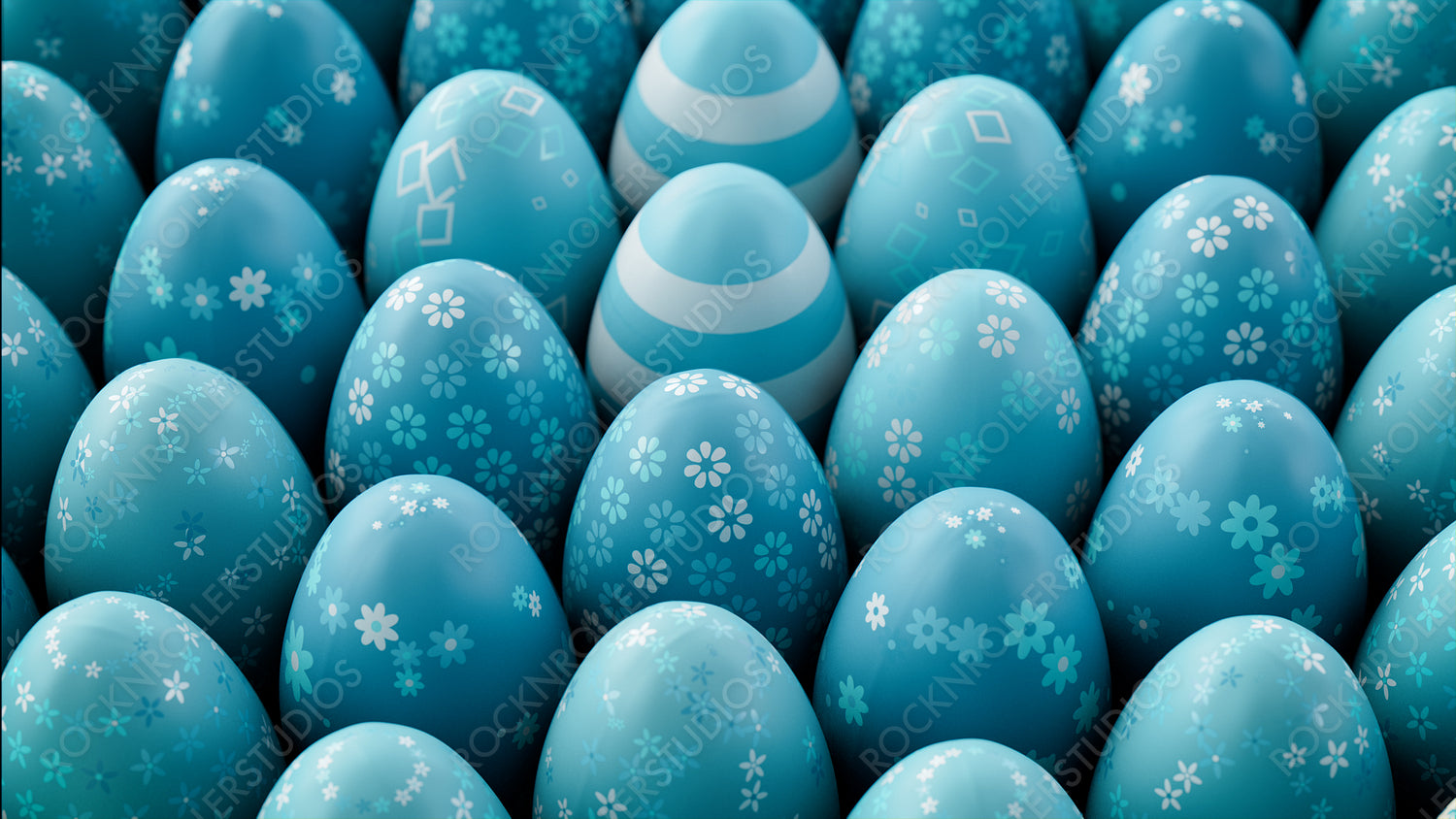 Multicolored, Easter Egg background. Beautiful Teal and White Eggs with Striped, Floral and Diamond patterns. 3D Render