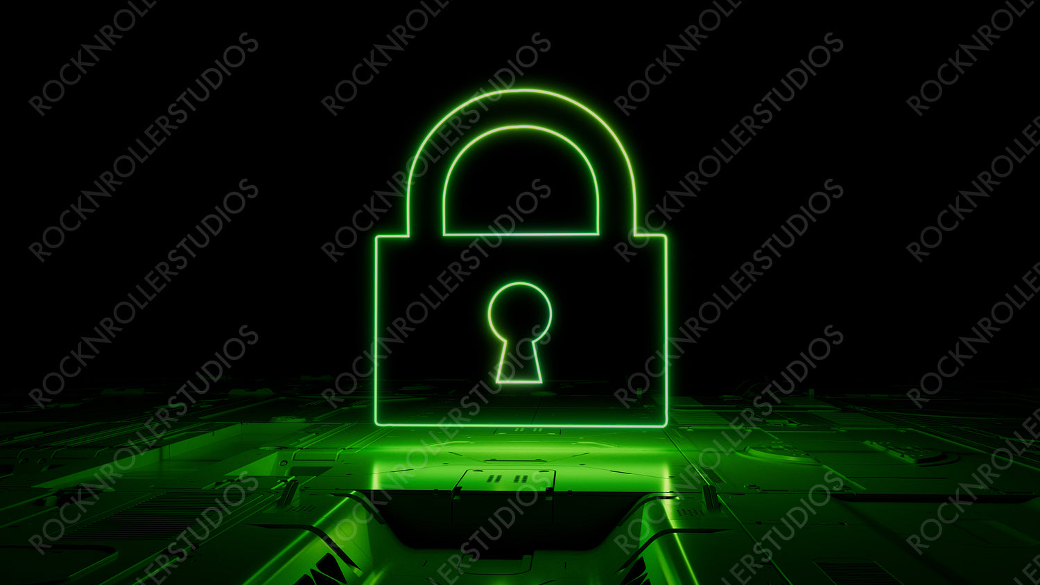 Green Security Technology Concept with lock symbol as a neon light. Vibrant colored icon, on a black background with high tech floor. 3D Render