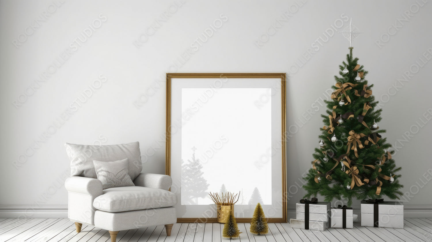 Christmas Frame Mock up Background. Stylish Interior Design. Generative AI.