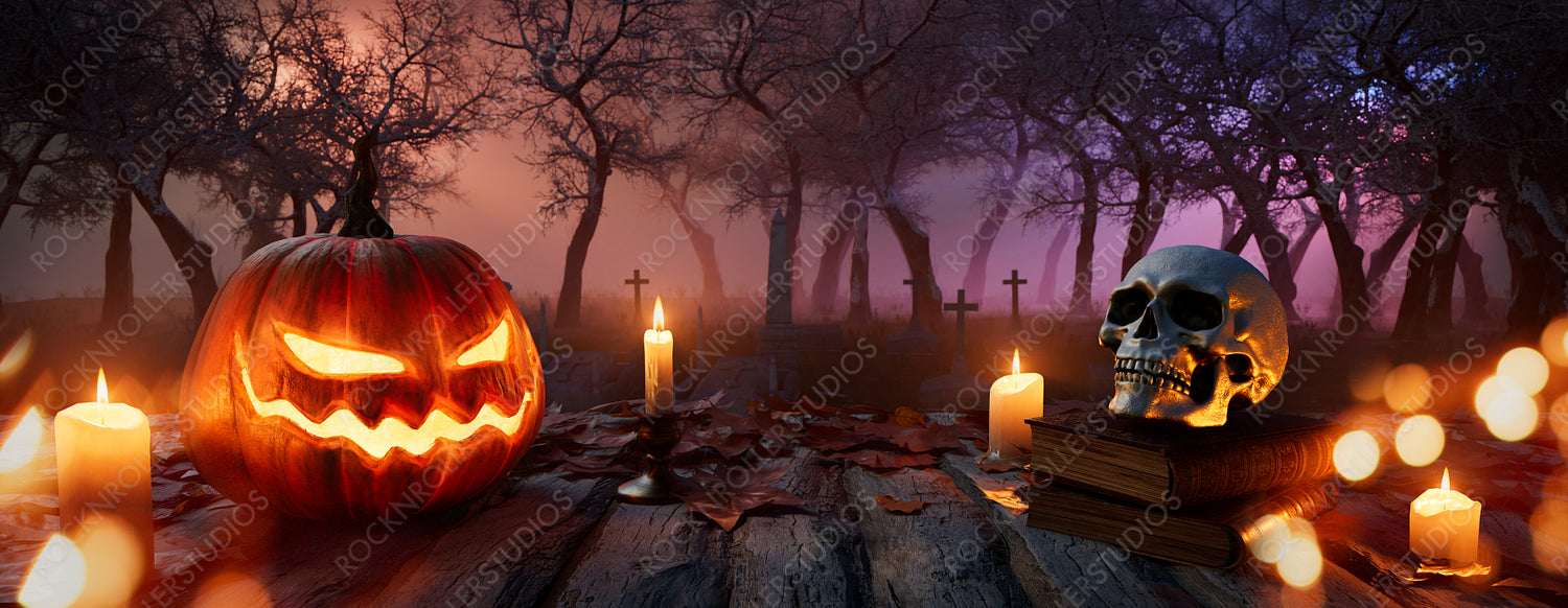 Illuminated Pumpkin, Skull and Candles on a Wood Tabletop in a Creepy Graveyard. Halloween Banner.