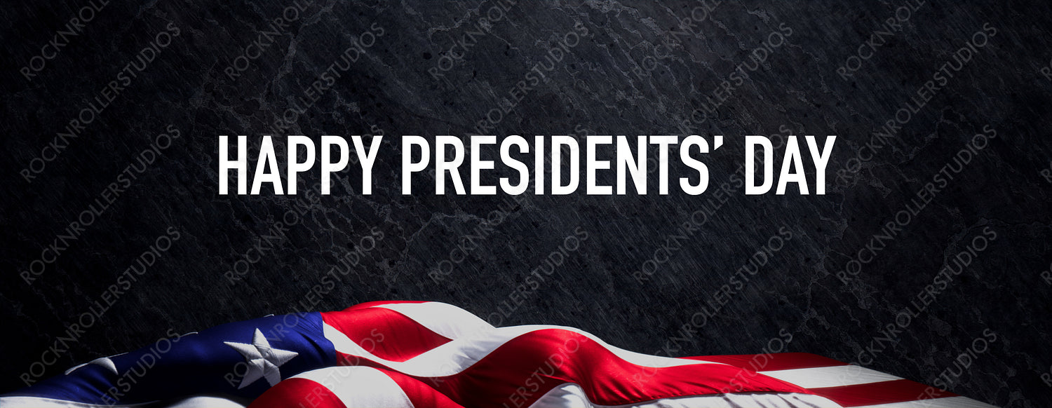 American Flag Banner with Presidents day Caption on Black Rock. Premium Holiday Background.