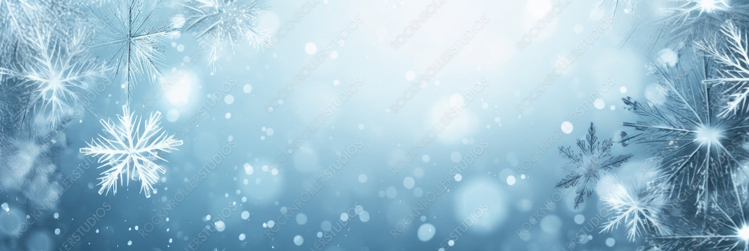 Christmas winter snow background with fir branches macro with soft focus and snowfall in blue tones with beautiful bokeh. Banner format, copy space.