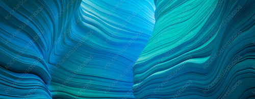 3D Rendered Cave with Blue and Turquoise Rippled Surfaces.