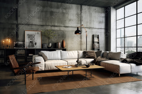 Industrial Living Room. Stylish Interior Design Background. Generative AI.