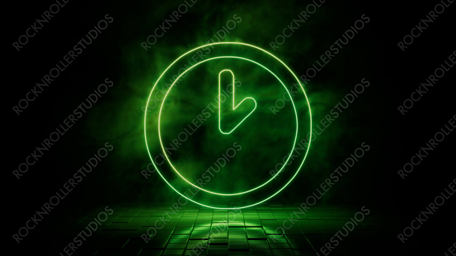 Green neon light clock icon. Vibrant colored technology symbol, isolated on a black background. 3D Render