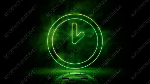 Green neon light clock icon. Vibrant colored technology symbol, isolated on a black background. 3D Render