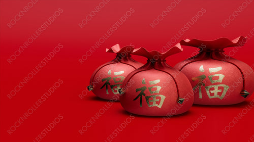 Three Red Money Bags with the character F� meaning "fortune" or "good luck". Chinese New Year Concept.