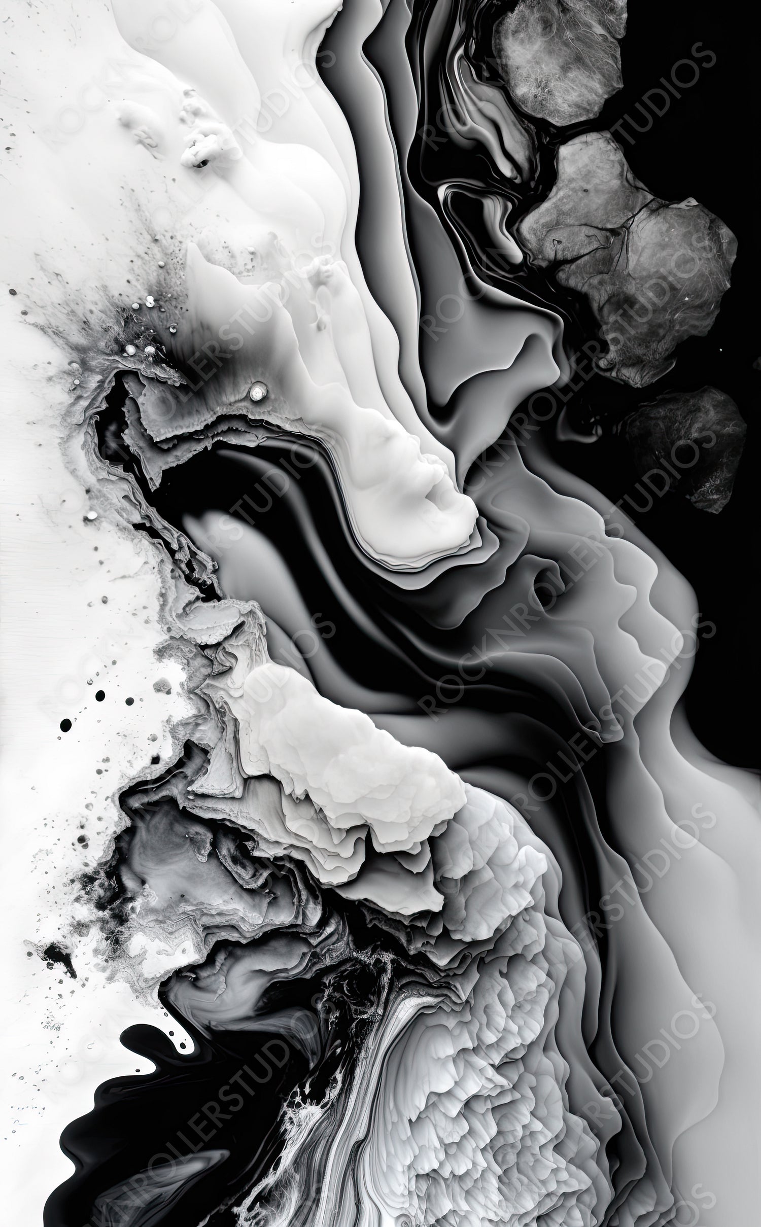 Beautiful Black and White Paint Swirls with White Particles. Abstract Design Background. Generative AI.