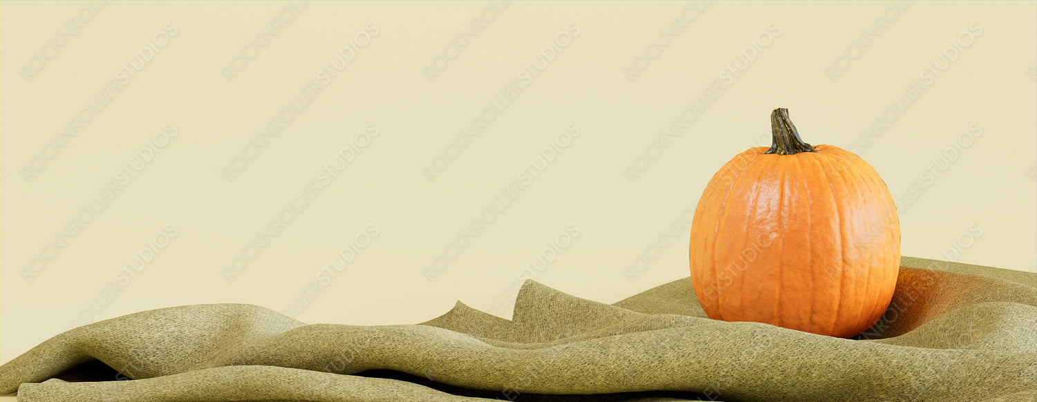Seasonal background Background with copy-space. Pumpkin with Pale Yellow color Blanket. Autumn Concept.