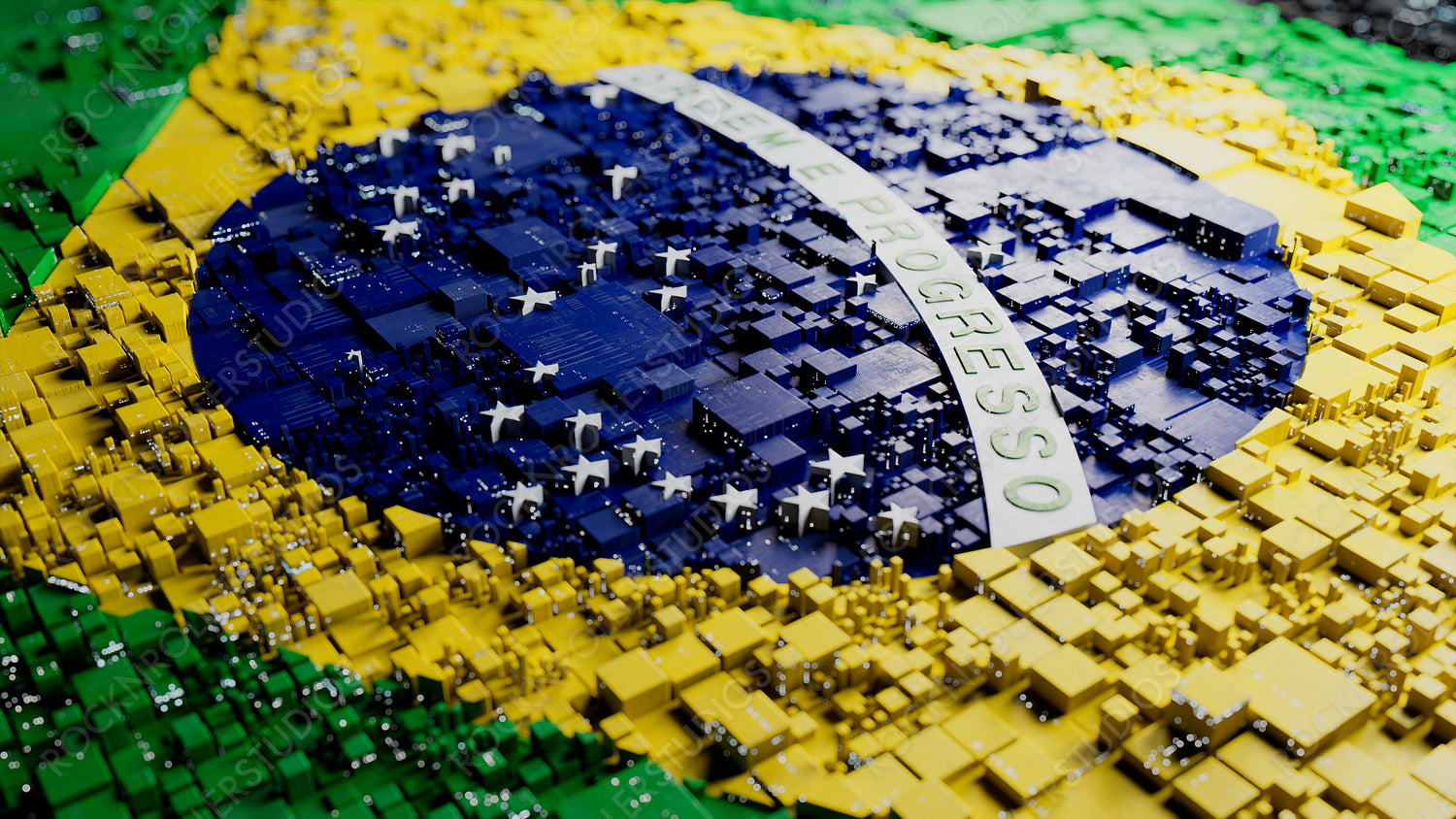 Flag of Brazil rendered in a Futuristic 3D style. Brazilian Innovation Concept. Tech Wallpaper.