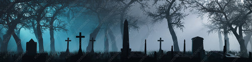 Pale Blue Halloween Background with Graveyard in a Thick Mist. Atmospheric Night Scene with Trees and Gravestones.