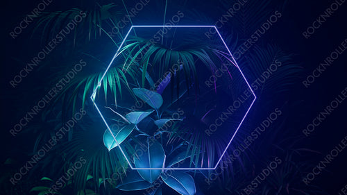 Cyberpunk Background Design. Tropical Plants with Green and Purple, Hexagon shaped Neon Frame.