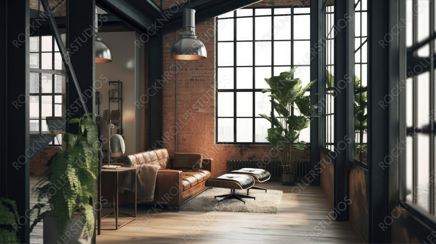 Stylish Interior Design Background. Industrial Living Room. Generative AI.