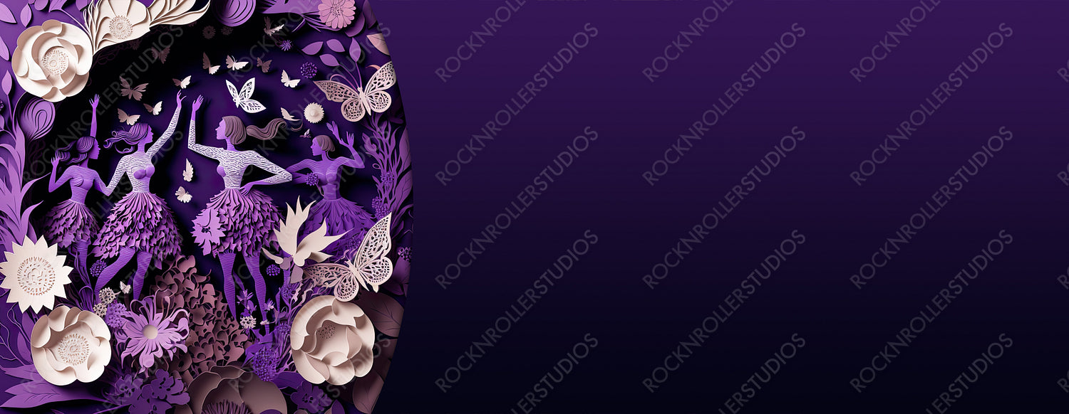Purple Floral Banner to Celebrate International Woman's Day. Beautiful Paper Cut Design with Dancing Women, Butterflies and copy-space. Generative AI
