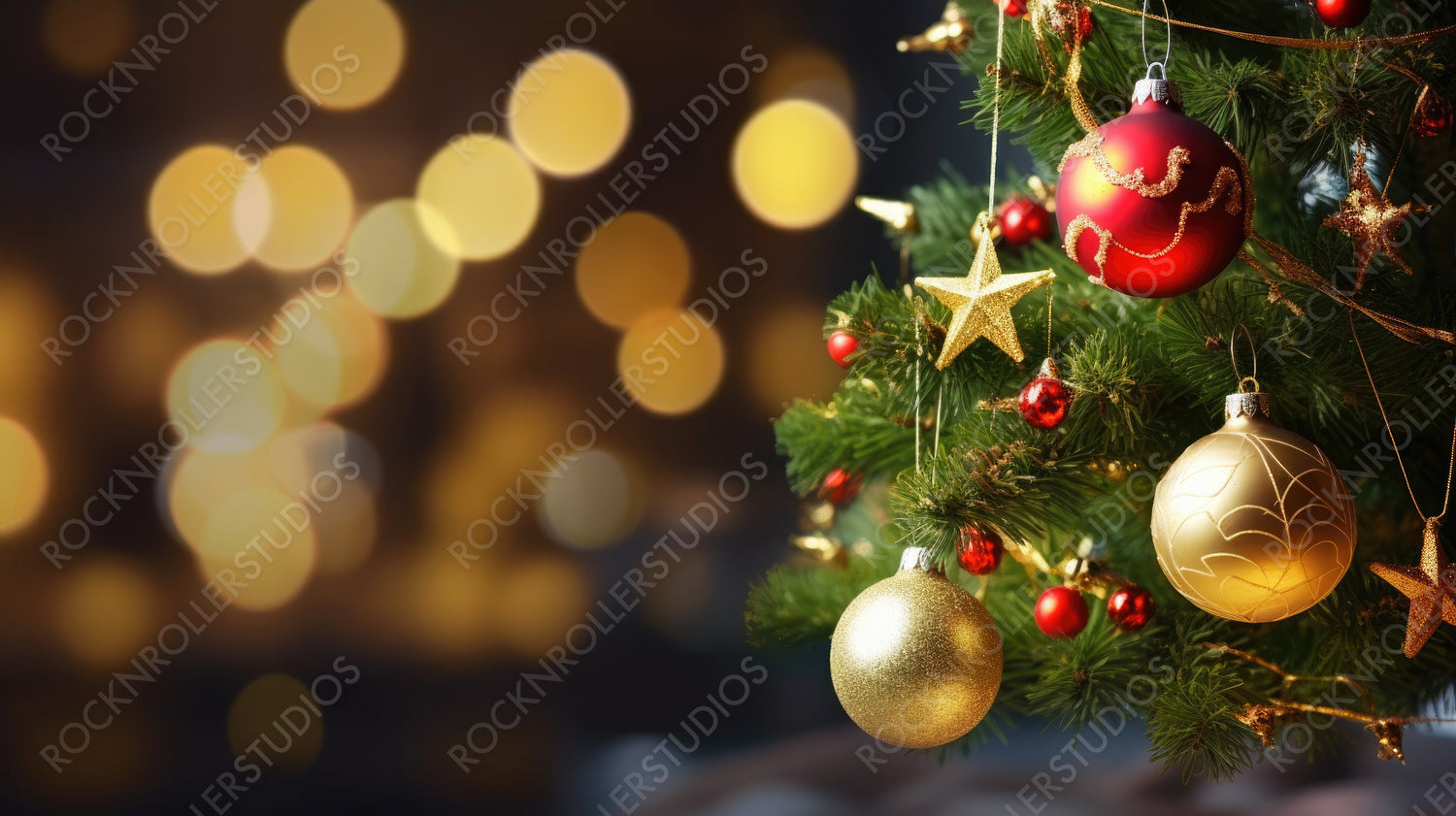 Festive green Christmas tree decorated with gold and red balls with soft focus in evening and beautiful dark blurred defocused sparkling background with golden highlights, copy space.