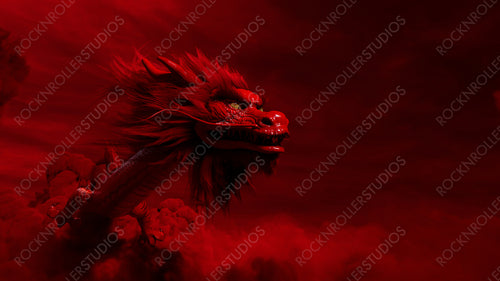 Lunar New Year Concept. Flying Chinese Dragon against a Cloudy Sky. Red design with copy-space.