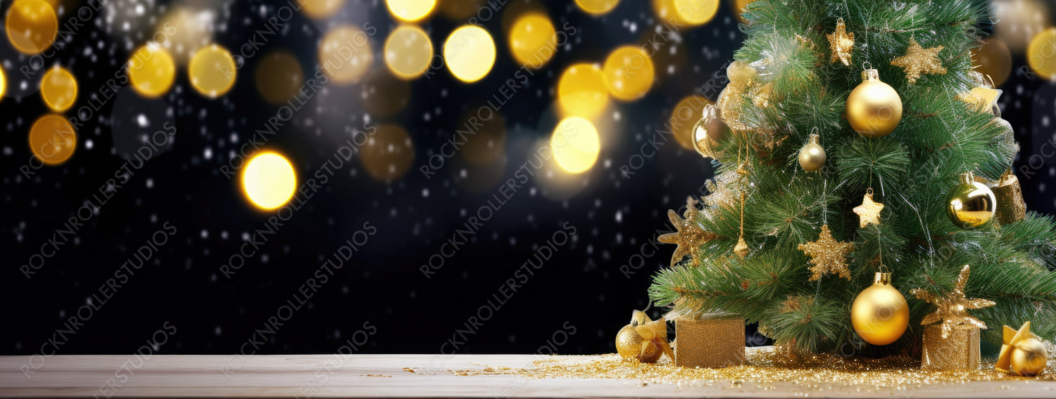 Christmas green tree decorated with garlands of stars on a blurred, sparkling evening dark background with beautiful bokeh circles, copy space.
