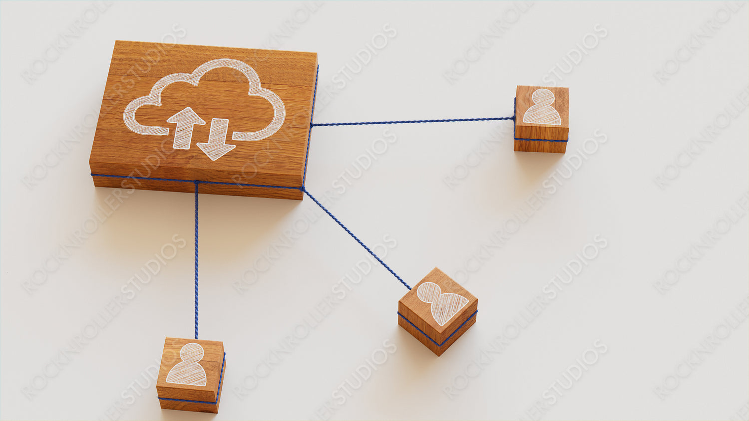 Data storage Technology Concept with cloud Symbol on a Wooden Block. User Network Connections are Represented with Blue string. White background. 3D Render.