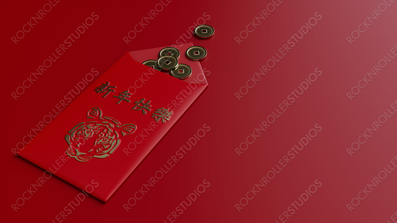 Chinese New Year Concept, with Traditional Red Envelope and Gold Coins. Tiger Design with the message "Happy New Year".