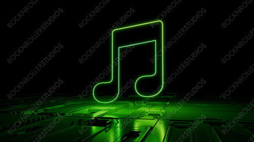 Green neon light music icon. Vibrant colored Audio technology symbol, on a black background with high tech floor. 3D Render