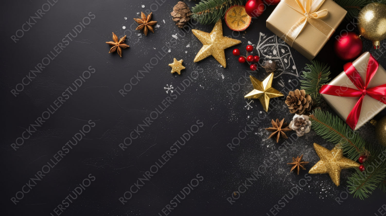 Christmas dark black background with beautiful texture and Golden gift box with red ribbon, fir branches, cones, stars, top view, copy space.