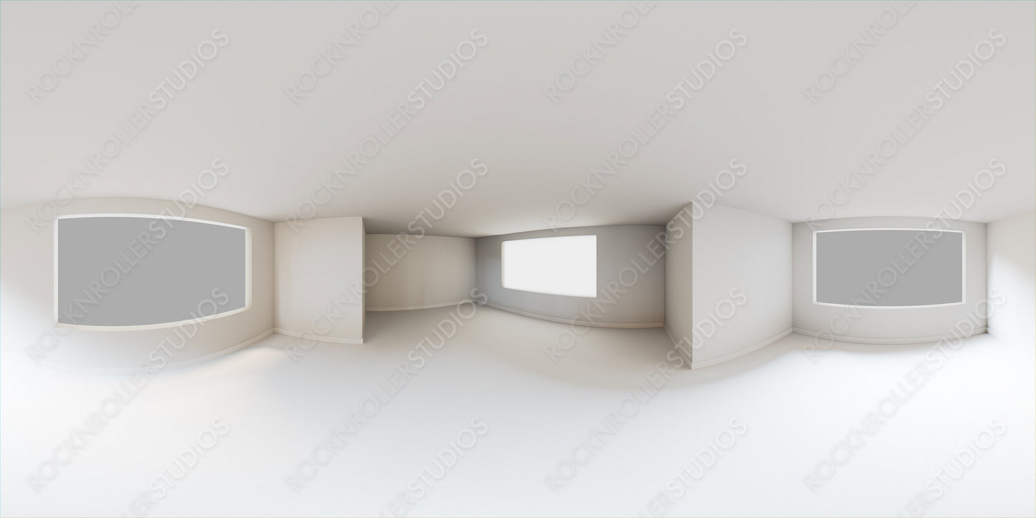 HDRI Environment Map. Empty White Room with White Floor. Window illuminates the space with bright natural Light.