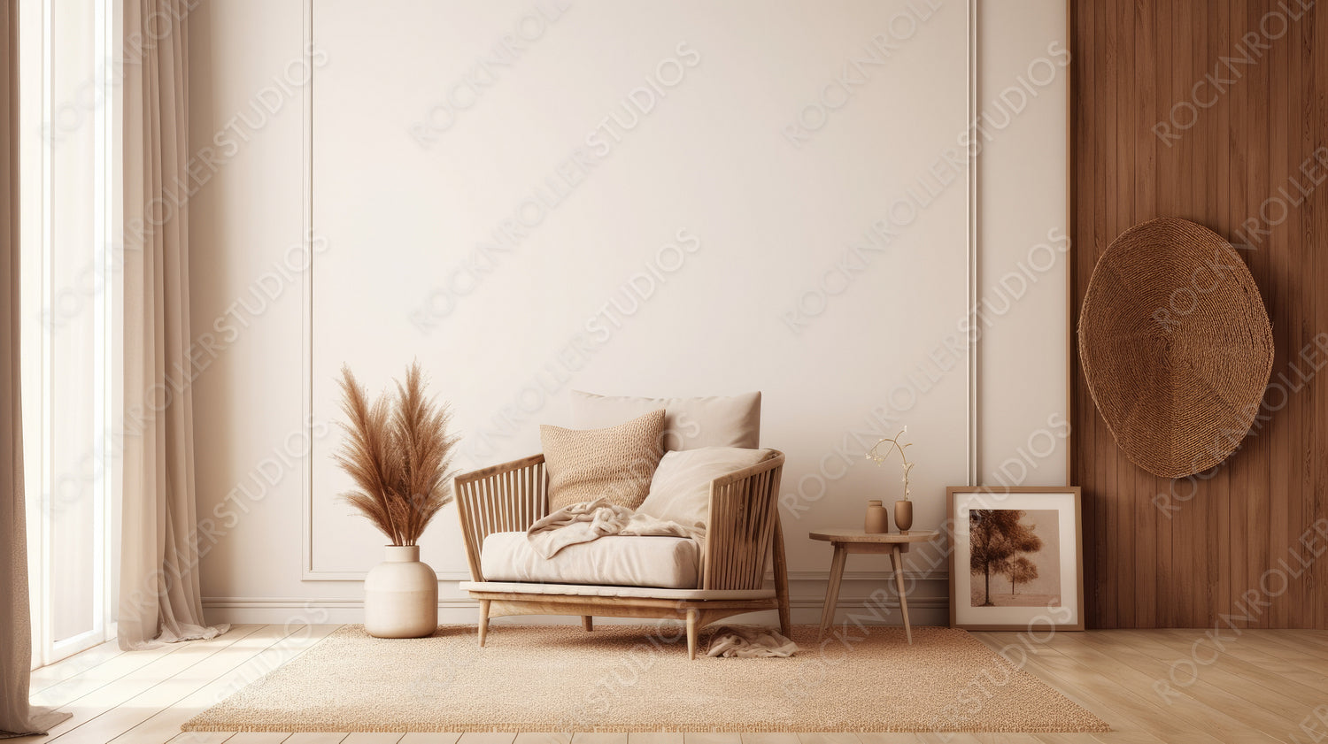 Boho Interior Design Background. Contemporary Living Room. Generative AI.