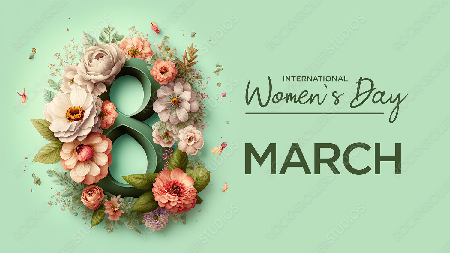 Number 8 in a Green Floral Design. Lovely Botanical Background with Flowers and Caption, to Celebrate International Woman's Day. Generative AI