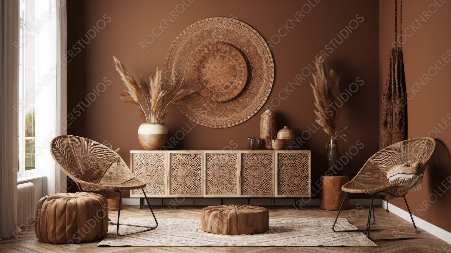 Stylish Living Room. Ethnic Interior Design Background. Generative AI.