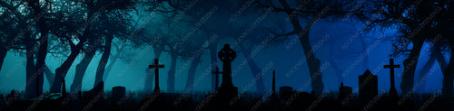 Halloween Banner with Cemetery. Eerie scene with Gravestones and Trees enveloped in Blue Fog.