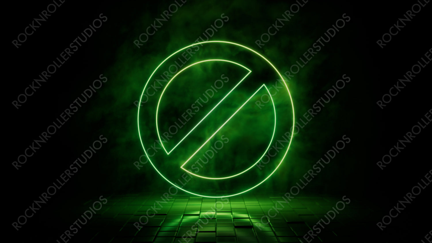 Green neon light no entry icon. Vibrant colored technology symbol, isolated on a black background. 3D Render