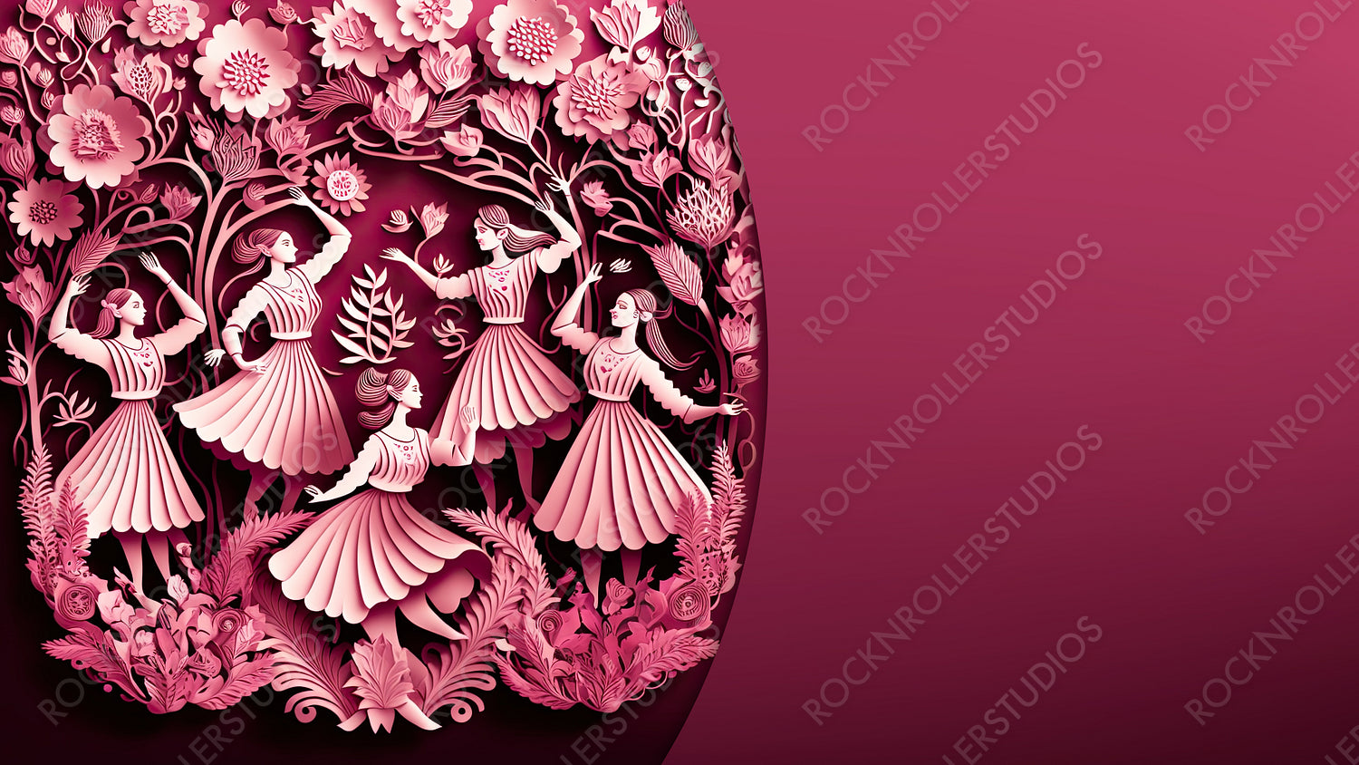 Premium Paper Craft Background to Celebrate International Woman's Day. Pink Floral Design with Dancing Ladies, Flowers and copy-space. Generative AI.