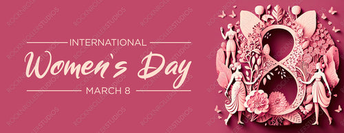 Pink Floral Banner to Celebrate International Woman's Day. Elegant Paper Cut Design with Number 8, Flowers and Caption. Generative AI
