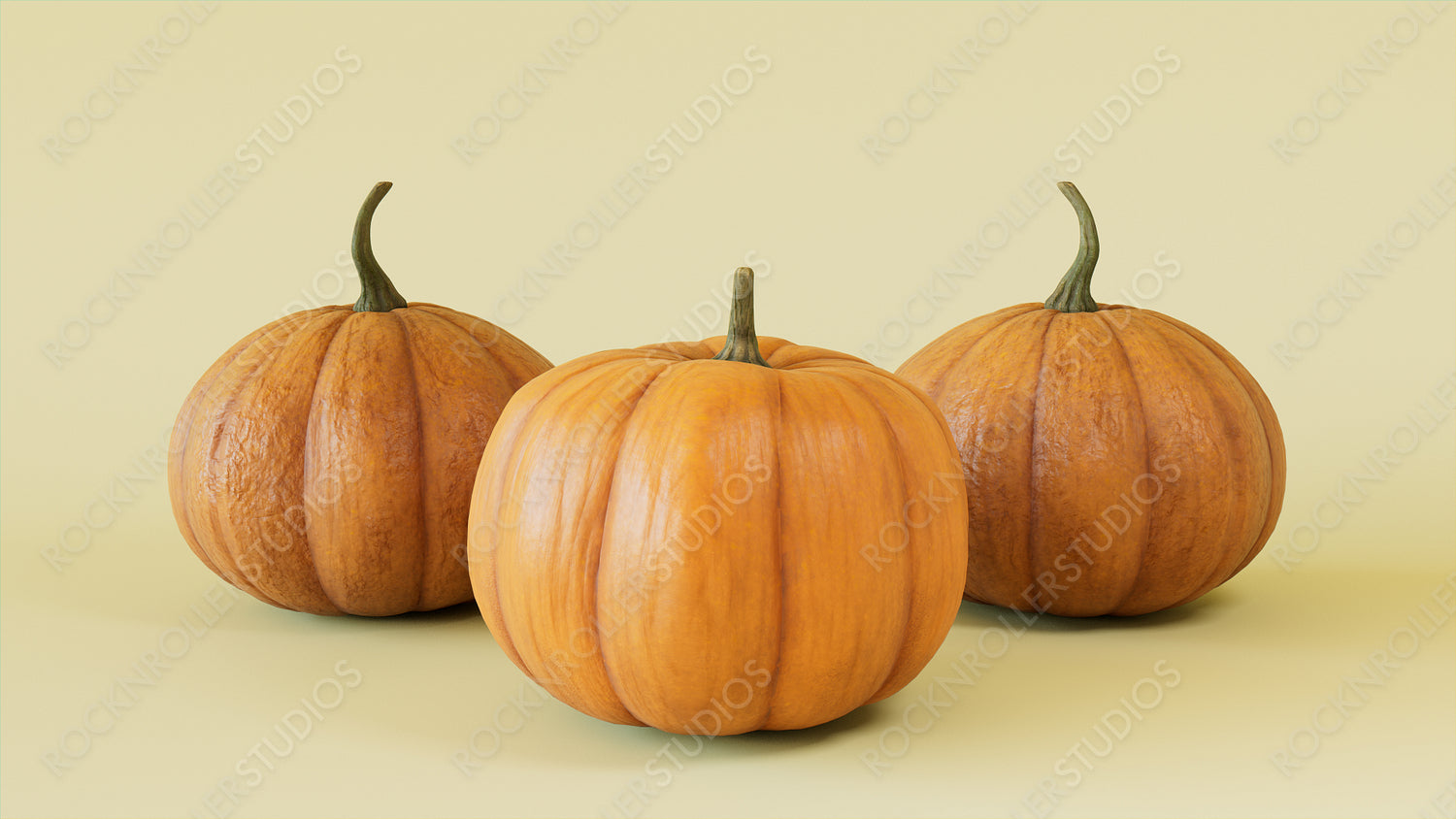 Seasonal background Image. Trio of Pumpkins on Pale Yellow color. Autumn Concept.