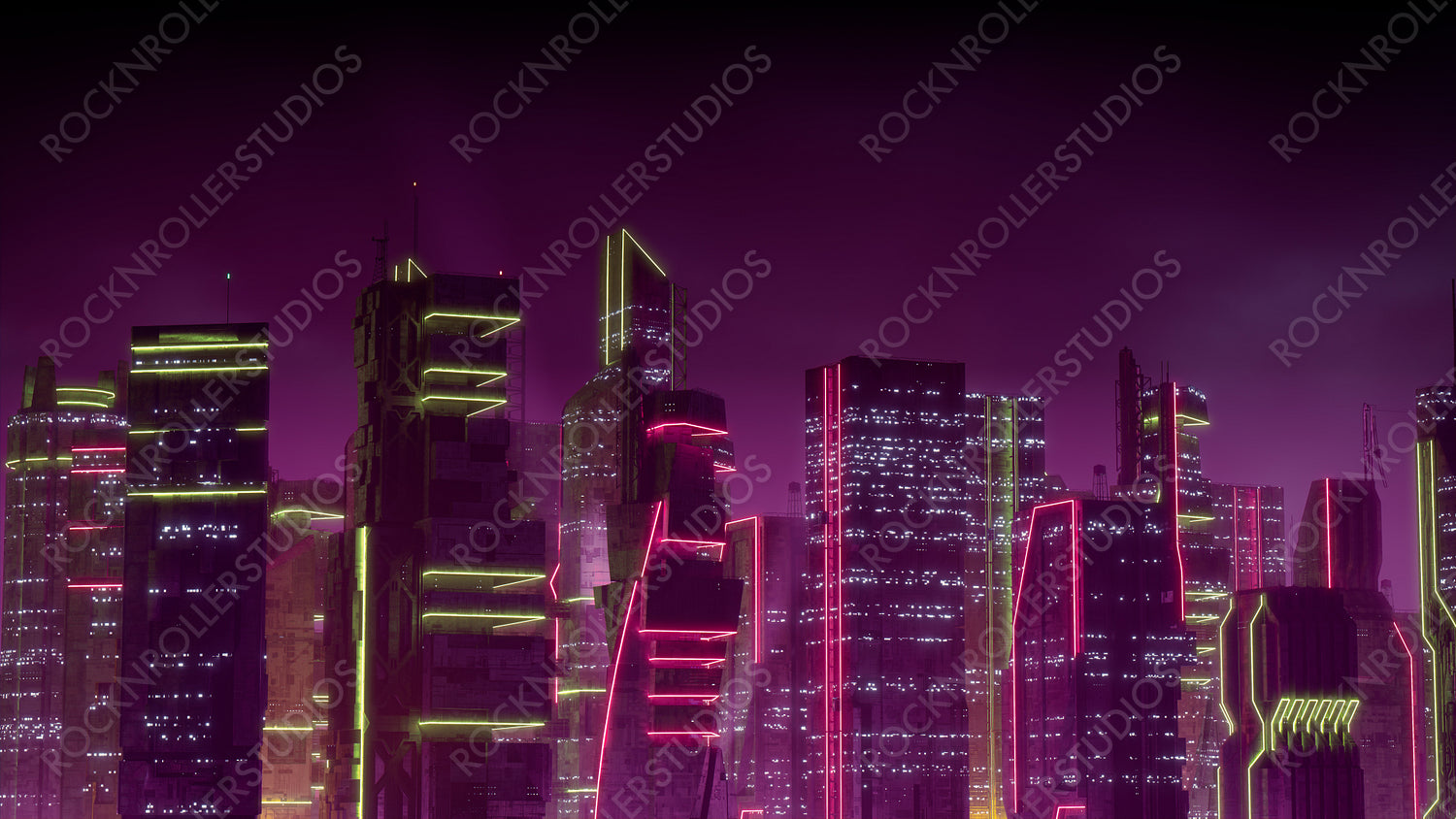 Futuristic Metropolis with Pink and Yellow Neon lights. Night scene with Visionary Superstructures.