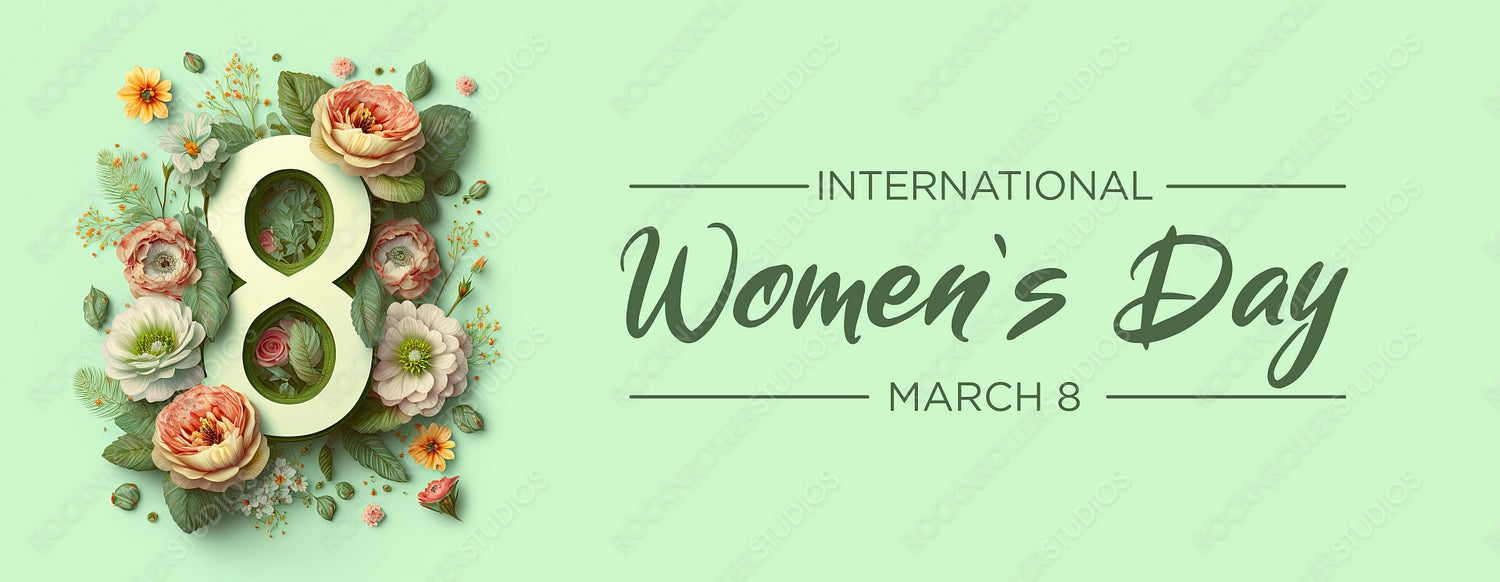 Number 8 in a Green Floral Design. Beautiful Botanical Banner with Flowers and Caption, to Celebrate International Woman's Day. Generative AI