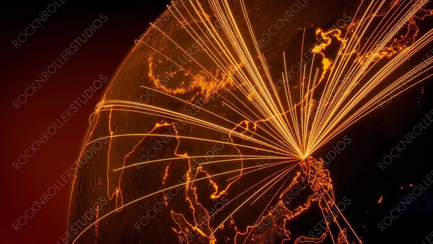 Futuristic Neon Map. Orange Lines connect Manila, Philippines with Cities across the World. International Travel or Communication Concept.