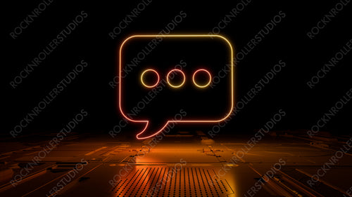 Orange and Yellow neon light sms icon. Vibrant colored Text technology symbol, on a black background with high tech floor. 3D Render