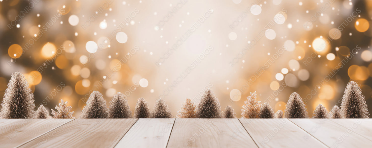 Empty Wooden Table Top with Abstract Warm Living Room Decor with Christmas Tree String Light Blur Background with Snow, Holiday Backdrop, Mock Up Banner For Display of Advertise Product.