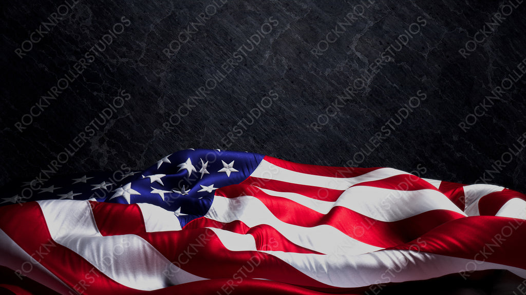 United States Flag Banner for Memorial Day on Black Stone. Premium Holiday Background with Copy-Space.