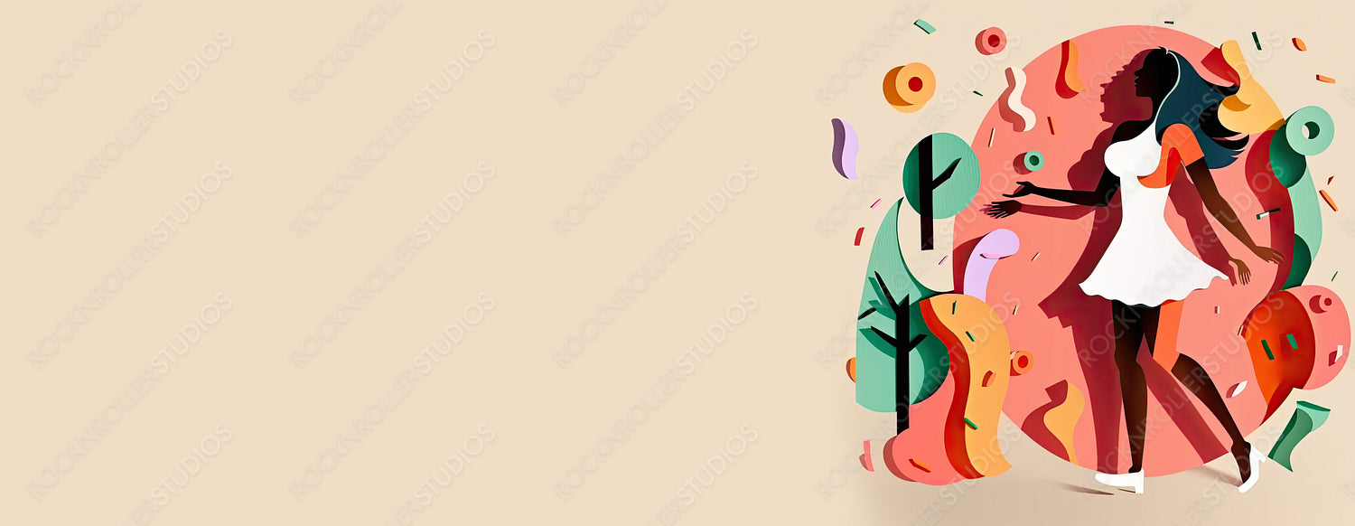 Dancing Woman in a Multicolored Geometric Design. Lively Paper Craft Banner with Abstract Shapes and copy-space, to Celebrate International Woman's Day. Generative AI