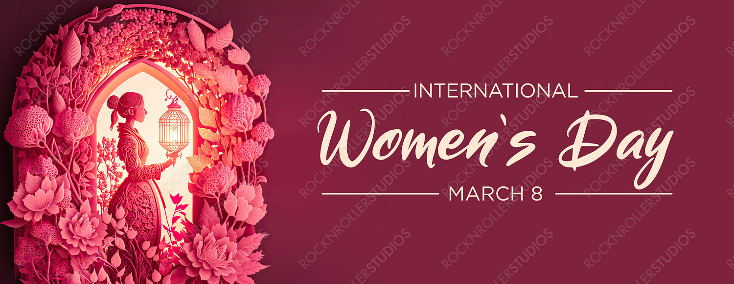 Lovely Paper Craft Banner to Celebrate International Woman's Day. Pink Floral Design with Woman, Lanterns and caption. Generative AI.