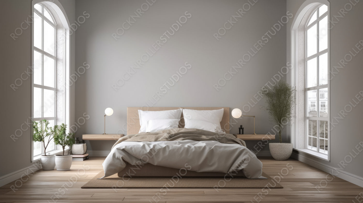 Stylish Bedroom. Minimal Interior Design Background. Generative AI.