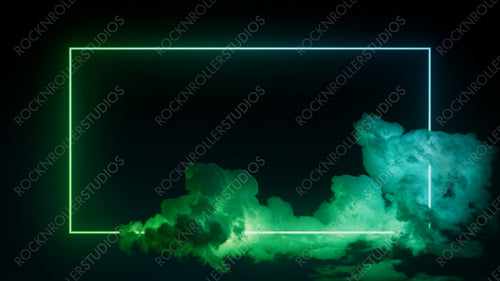 Futuristic Background Design. Cloud Formation with Green and Turquoise, Rectangle shaped Neon Frame.